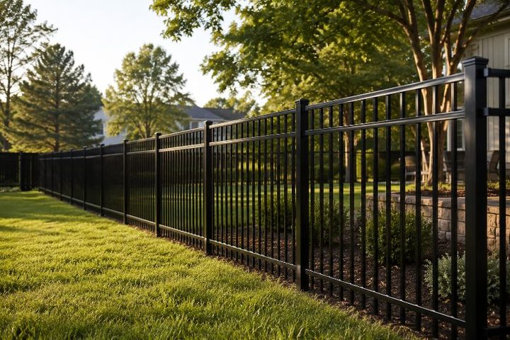 Black aluminum fence along a wooded back yard in the Triad