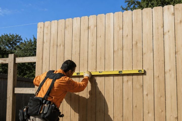 Fence installer checking a new wood fence panel with a level